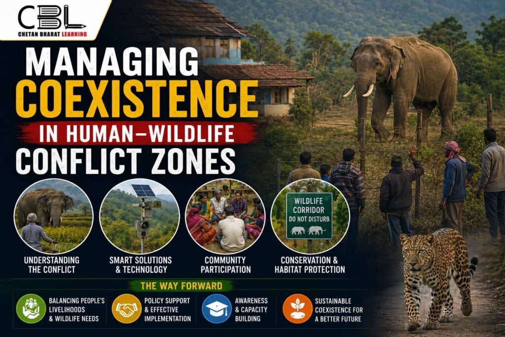 Infographic explaining coexistence and management strategies in human-wildlife conflict zones in India.