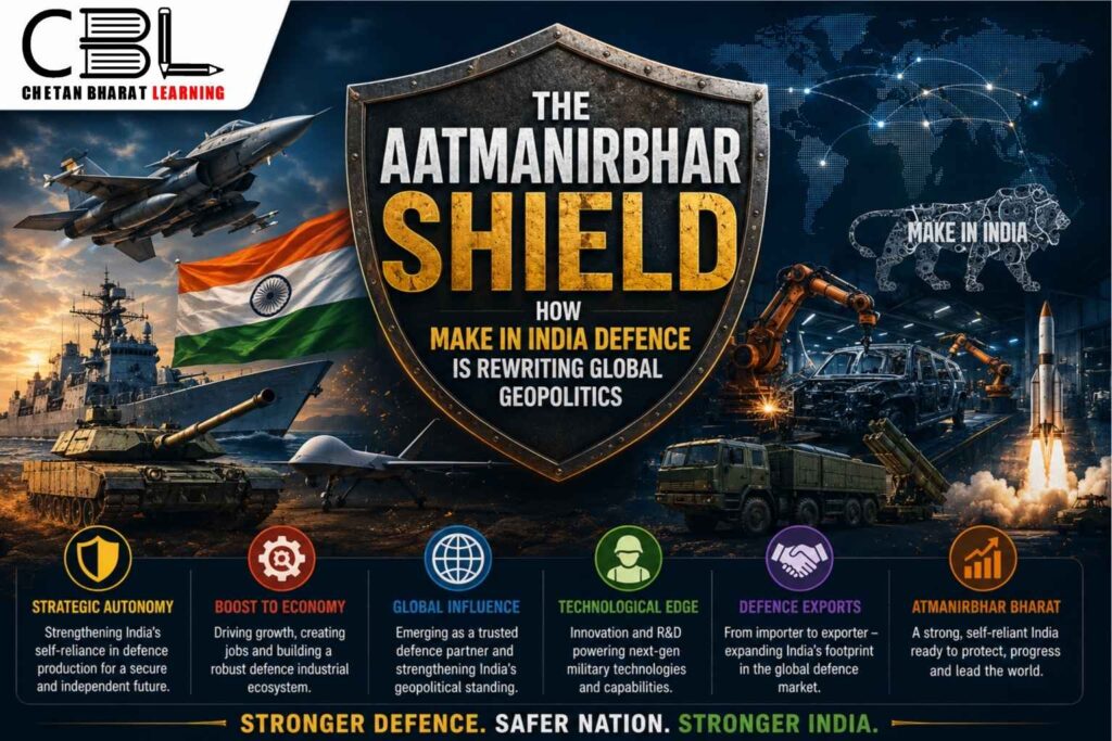 Infographic showing India’s Make in India defence initiative reshaping strategic autonomy and global geopolitics.
