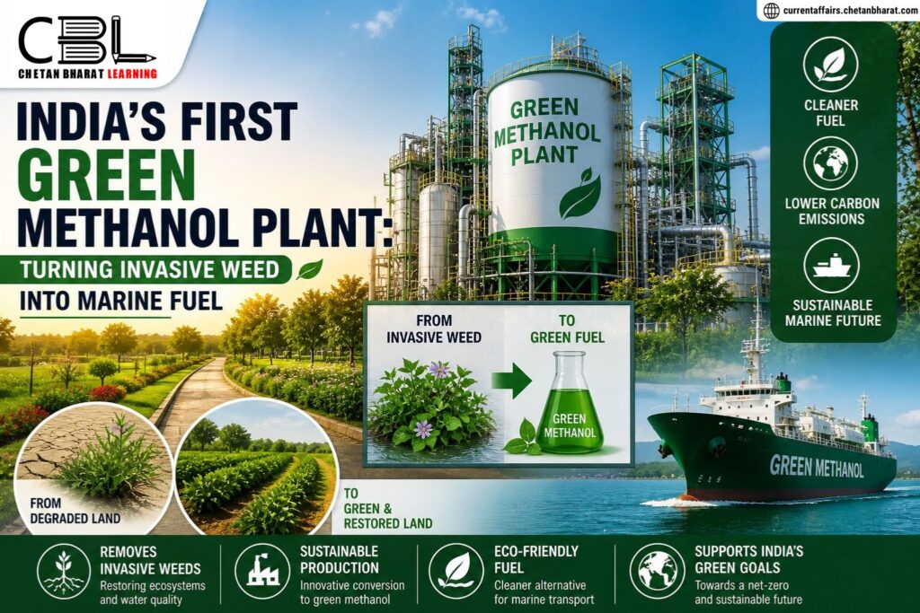 Green methanol plant in India converting invasive weeds into eco friendly marine fuel with industrial and environmental elements