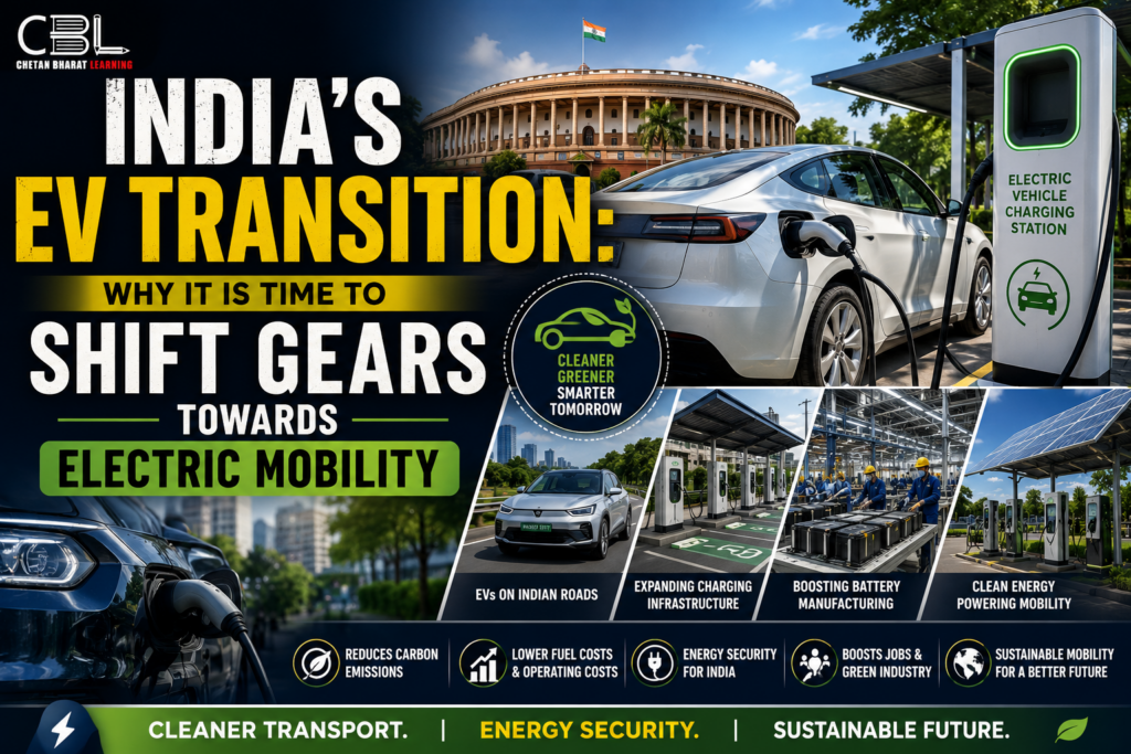 Infographic depicting India’s transition to electric mobility, featuring electric vehicles charging at EV stations, Parliament building, battery manufacturing facilities, charging infrastructure, and clean energy-powered transportation solutions.