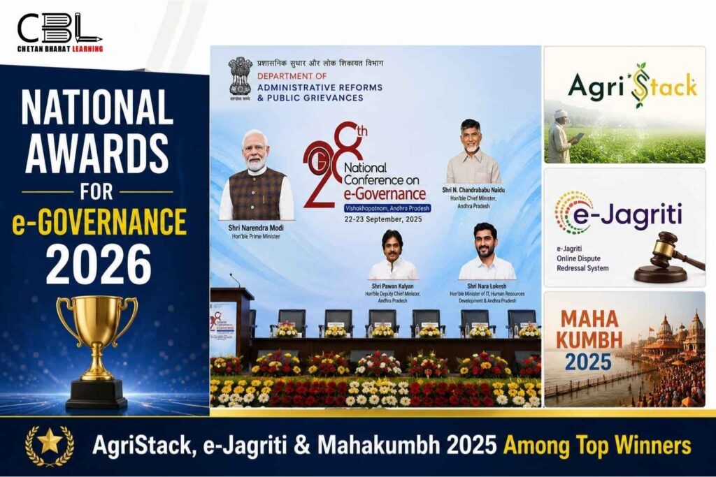 National Awards for e-Governance 2026 banner featuring AgriStack, e-Jagriti, and Mahakumbh 2025 as top winners alongside the National Conference on e-Governance.