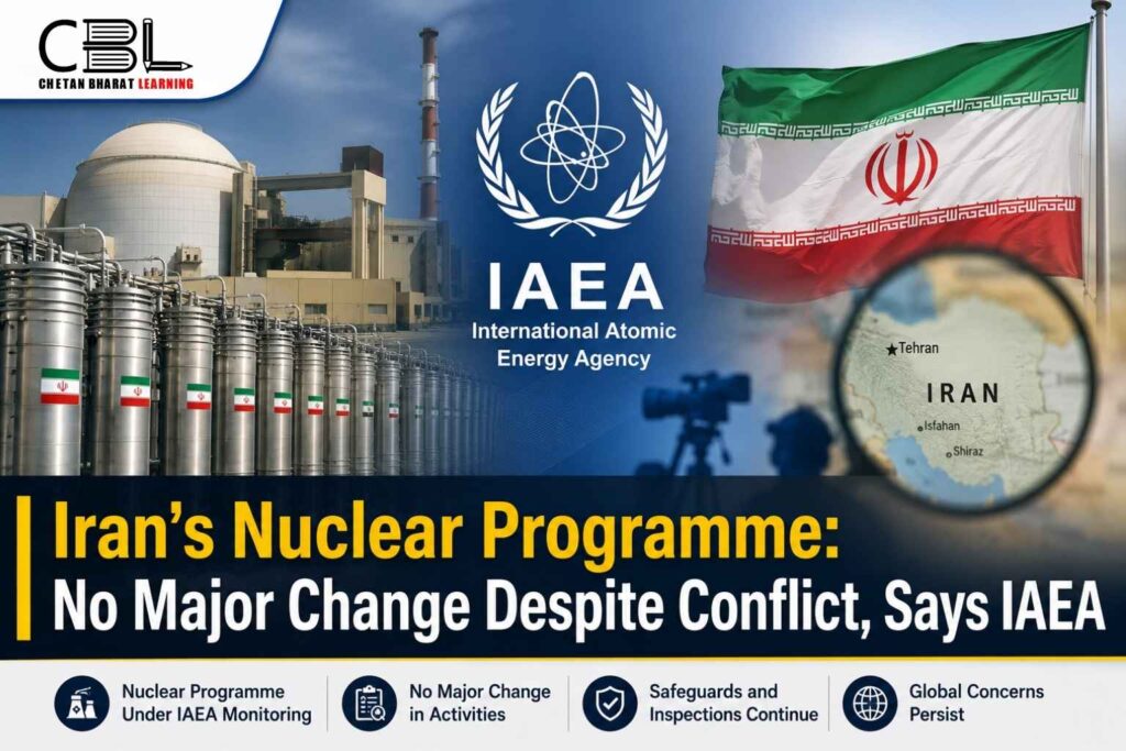 IAEA assessment of Iran's nuclear programme showing nuclear facilities, uranium enrichment infrastructure, and the Iranian flag amid ongoing regional conflict.
