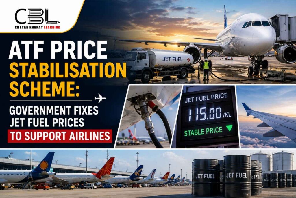 ATF Price Stabilisation Scheme infographic showing aircraft, jet fuel refueling operations, fuel storage tanks, and government measures to stabilize aviation turbine fuel prices for airlines.