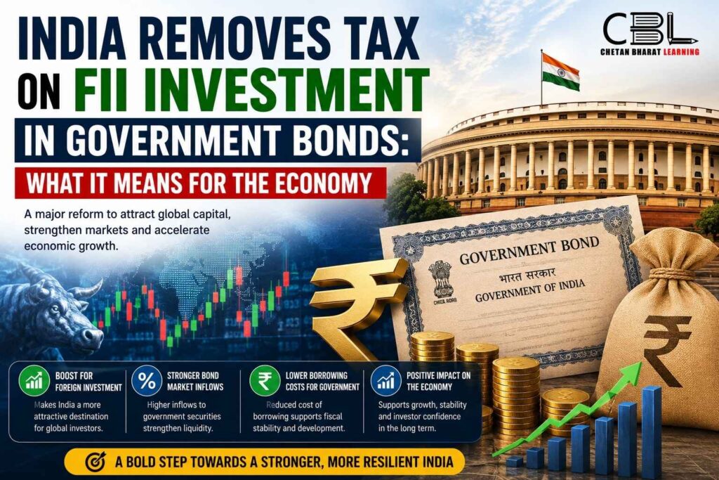 India removes tax on FII investment in government bonds, highlighting foreign investment inflows, government securities, economic growth, bond market reforms, and India's financial sector development.