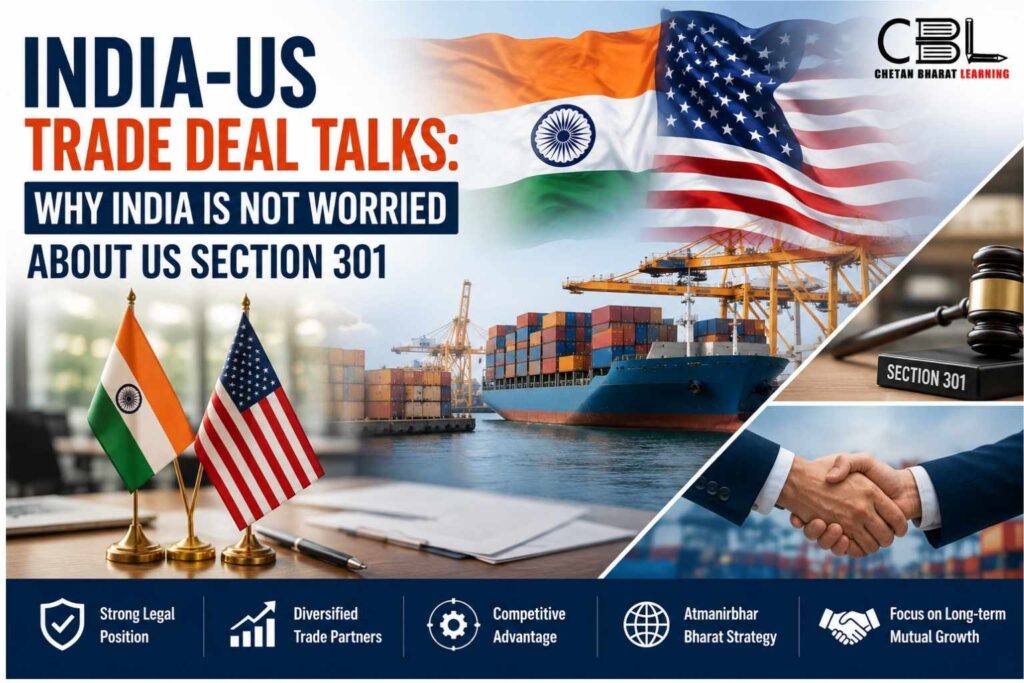 India-US trade deal talks infographic featuring Indian and American flags, shipping containers, trade port infrastructure, legal reference to US Section 301, bilateral trade negotiations, and economic cooperation between India and the United States.