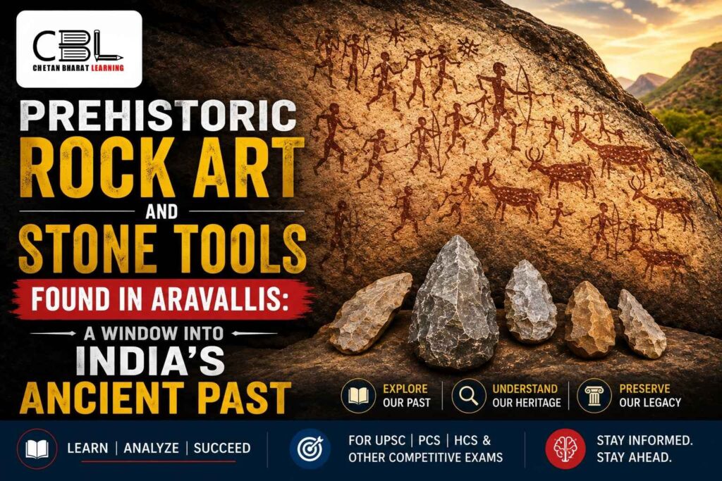 Prehistoric rock art and ancient stone tools discovered in the Aravalli Hills, showcasing early human settlements, hunting scenes, archaeological heritage, and insights into India’s prehistoric past.