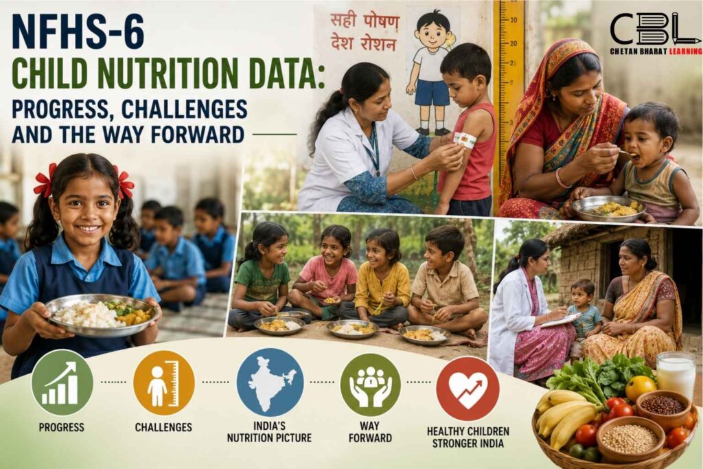 NFHS-6 child nutrition infographic highlighting India's progress in child nutrition, challenges of malnutrition, growth monitoring, maternal care, healthy diets, and strategies for improving child health outcomes.