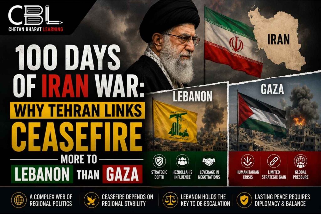 Infographic explaining the Iran conflict after 100 days, highlighting Tehran's ceasefire calculations, the strategic importance of Lebanon, regional geopolitics, Hezbollah's influence, and the broader implications for Gaza and Middle East stability.