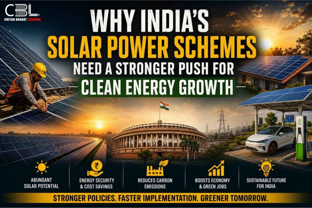 Infographic showing solar power development in India with large solar farms, rooftop solar panels, Parliament building, electric vehicle charging infrastructure, and clean energy initiatives, highlighting the need for stronger solar power schemes to accelerate India's renewable energy growth.