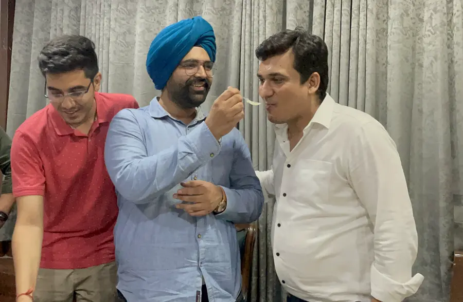 Aditya Sharma and Sumer Singh Virk celebrating their results with Chetan Sir